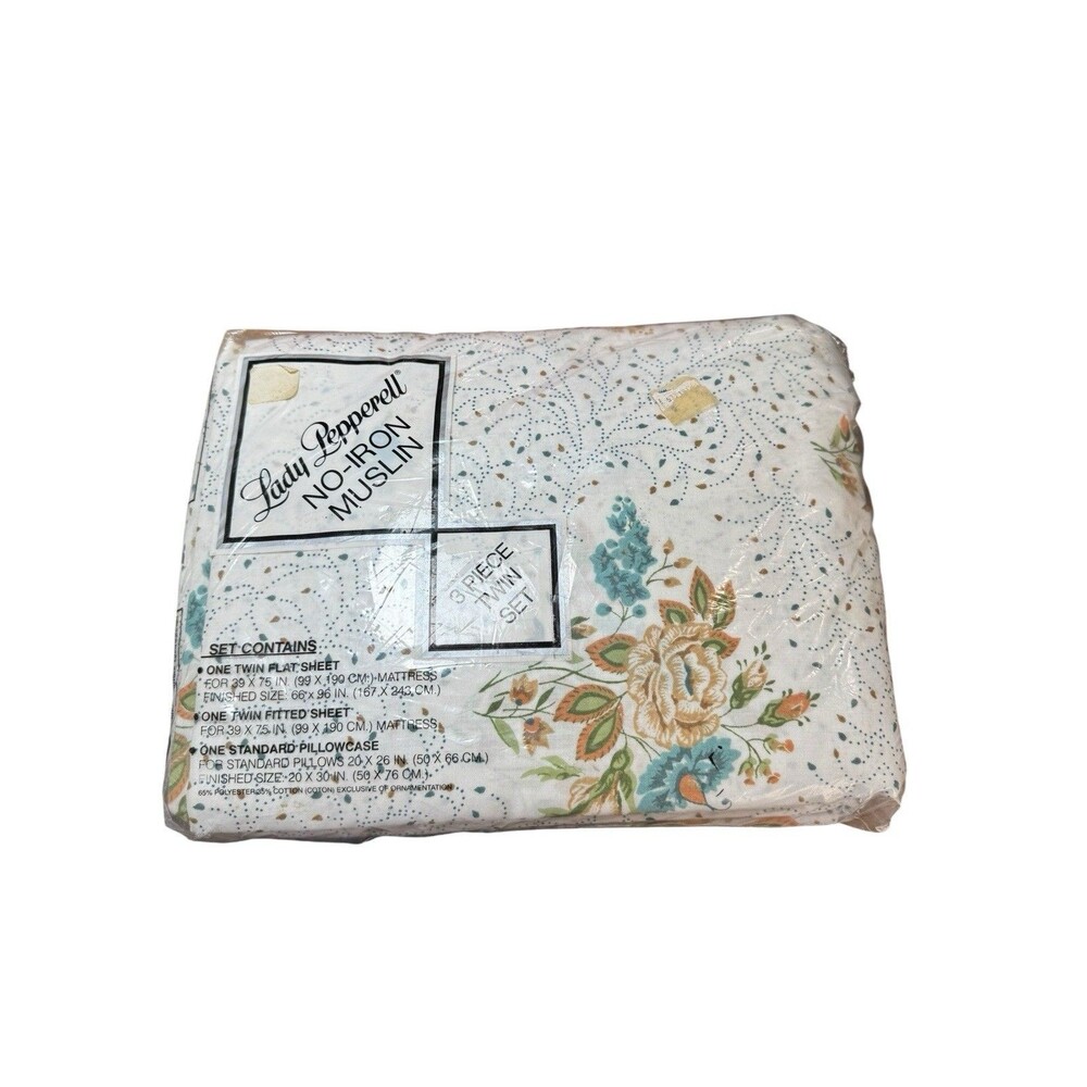 Vintage NOS Twin Bed Sheet Sheet Set Floral Rose Pattern Flat Fitted Pillowcase